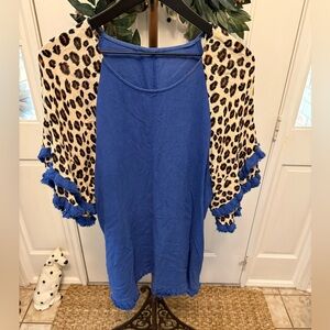 Umgee Boho Leopard Print Animal Print Linen Top with Fringe M Oversized